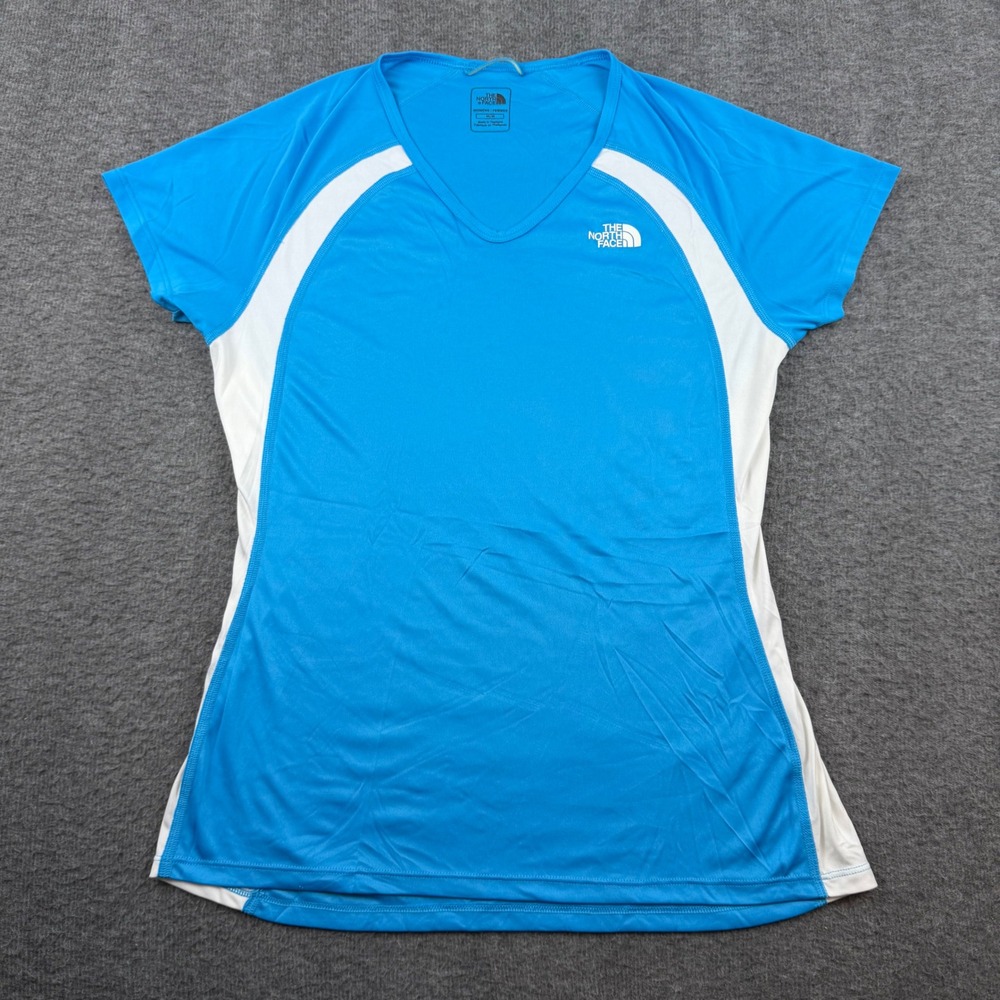 The North Face Performance T-Shirt Women's Medium Blue White V-Neck Short Sleeve